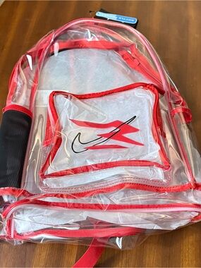 Nike Clear Backpack with Red Accents and Black Logo